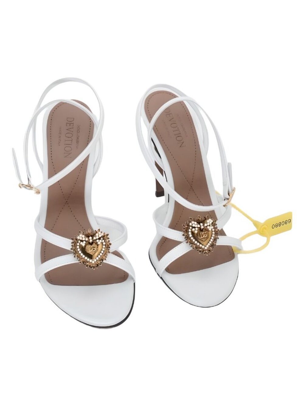 Dolce & Gabbana Devotion White Calfskin Heart Sandals 4" Stiletto Heel Sz 7M